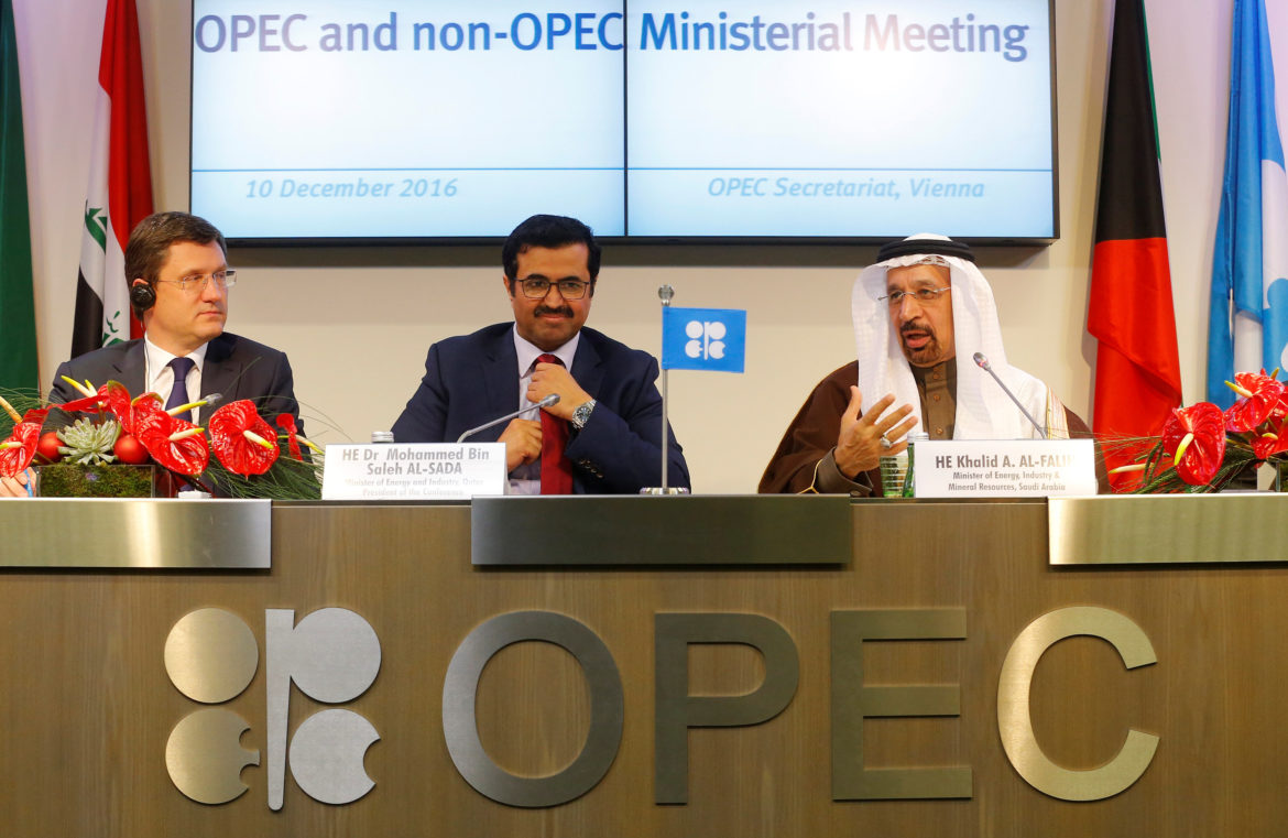 Russia's Energy Minister Novak, OPEC President al-Sada and Saudi Arabia's energy minister al-Falih address a news conference after a meeting in Vienna, OPEC/non-OPEC Oil Output Cut Deal to Fall Apart